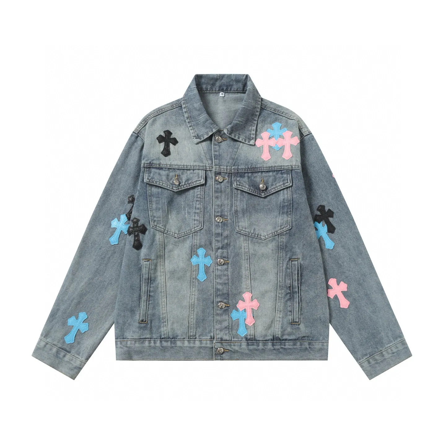 P340 Chrome Hearts Chrome Hearts cross-stitched leather embroidered shirt denim jacket Color: Picture color Code number: M-3XL